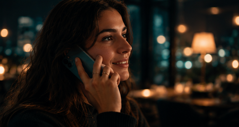 Clienta llamando por teléfono para reservar, sonriendo