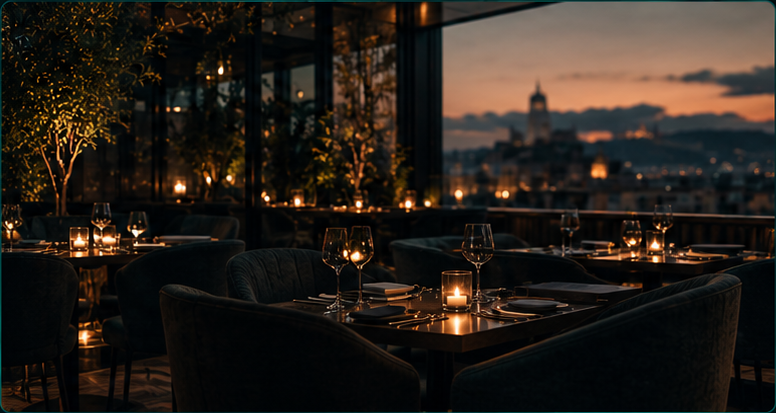 Terraza de un restaurante al atardecer, con vistas a la ciudad